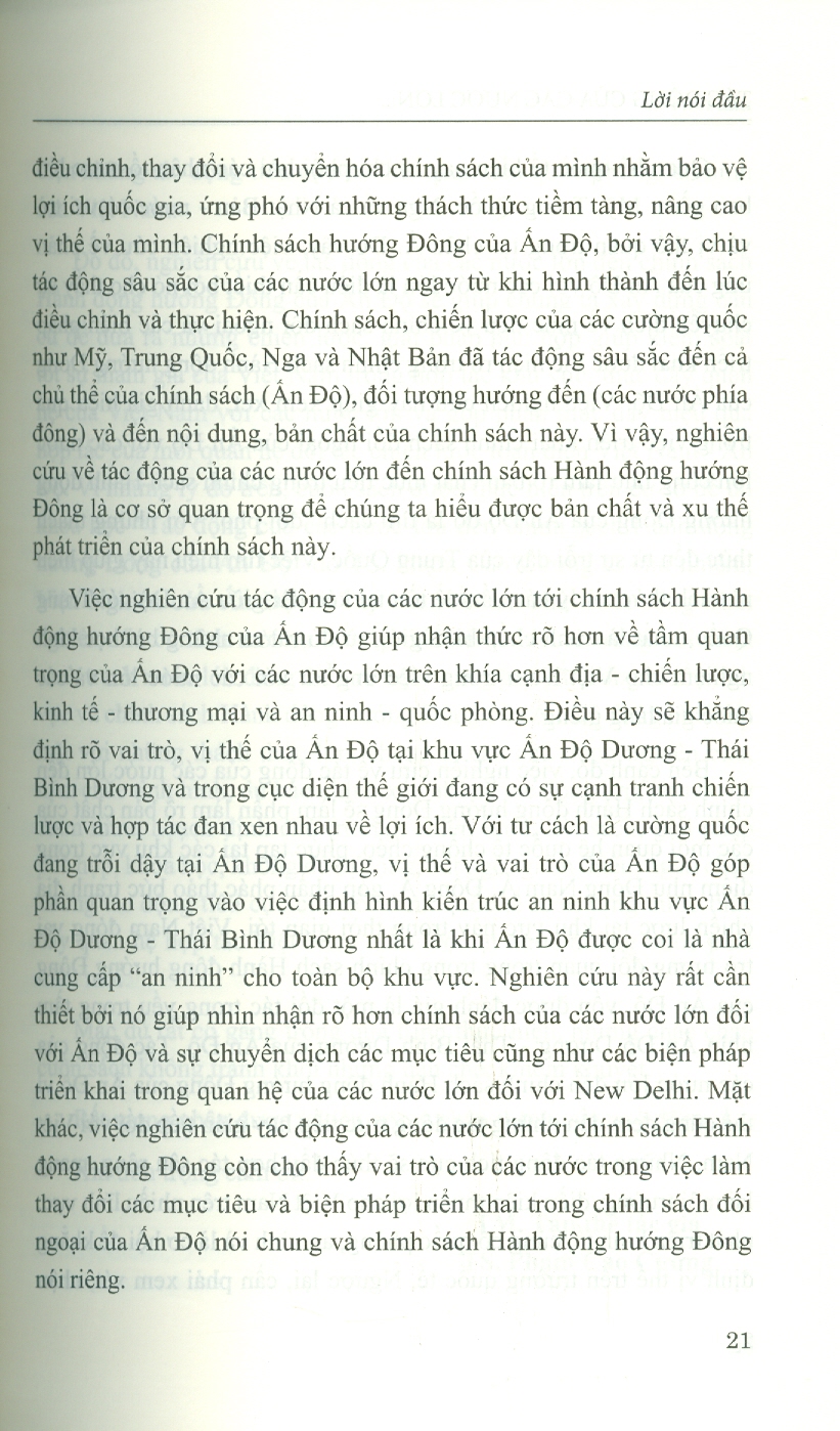 Tác Động Của Các Nước Lớn Đến Chính Sách Hành Động Hướng Đông Của Ấn Độ (Sách Chuyên Khảo)