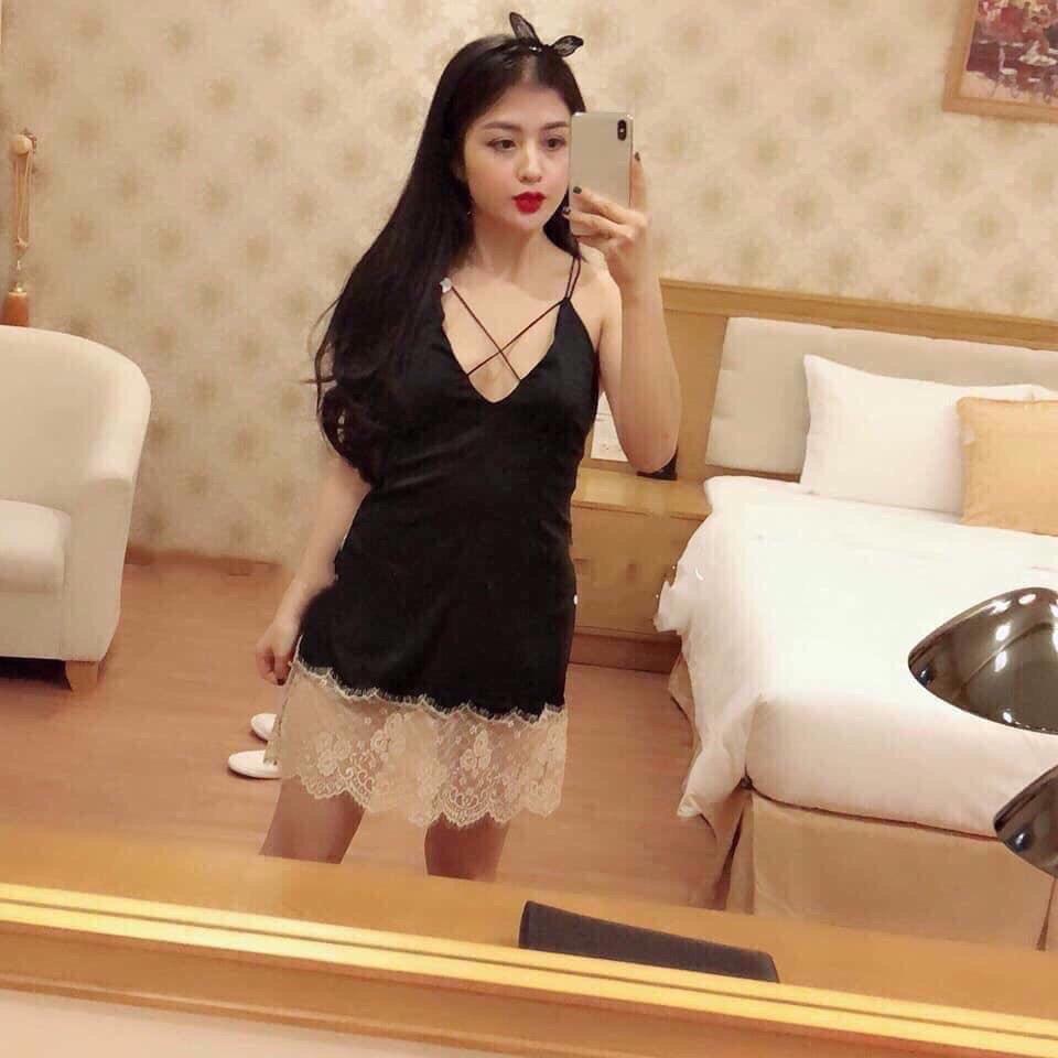 Váy ngủ phi lụa sexy dây đan ngực hai dây hở lưng phối ren cao cấp