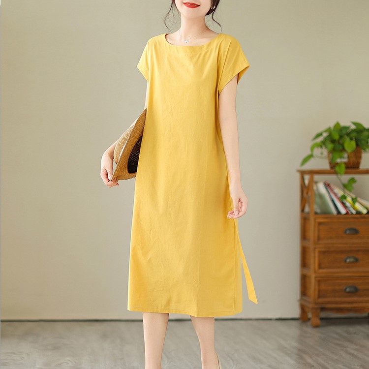 Đầm suông Linen thiết kế cơ bản cổ tròn tay lỡ đai rời, chất vải Linen Hàn mềm mát Đũi Việt