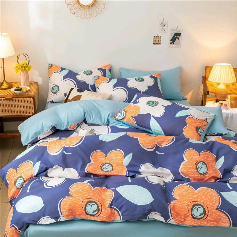 Bộ chăn ga Cotton Poly Hoa cam trắng phối ga xanh - Hàng nhập khẩu