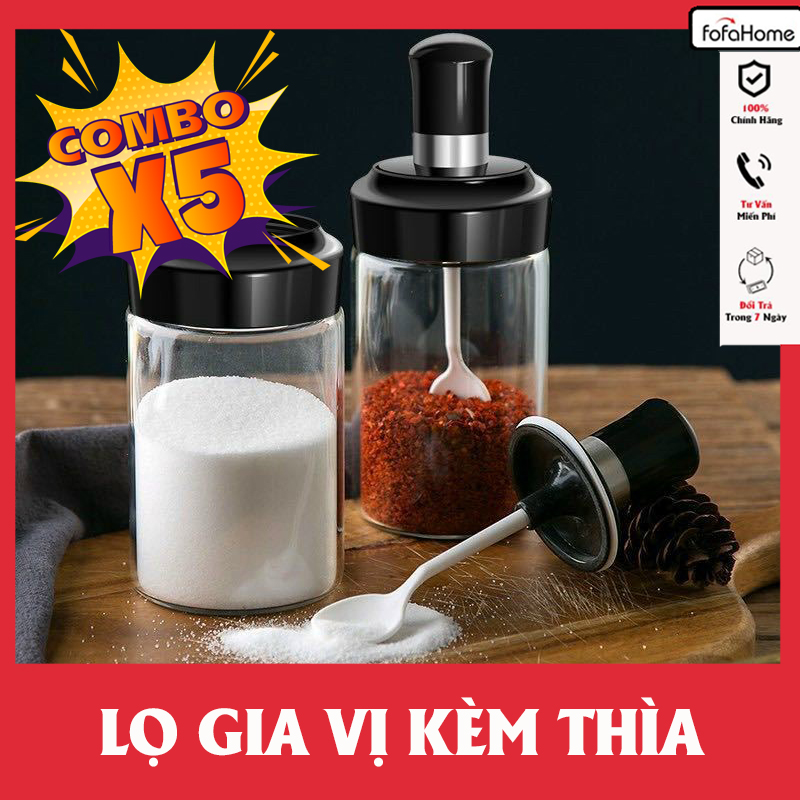 Combo 5 Lọ Đựng Gia Vị Thủy Tinh Hũ Đựng Gia Vị Có Thìa Thông Minh Tiện Lợi Kiểu Dáng Hiện Đại Nắp Vặn Xoáy Kín Khí