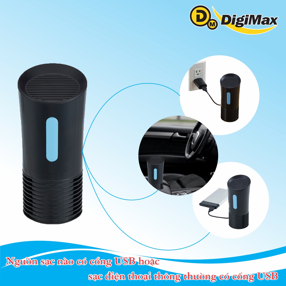 Máy diệt khuẩn 3 in 1 Digimax U-VC, Ion âm, lọc than hoạt tính, 20m2,10.000hr, nguồn USB 5V (DP-3EB)