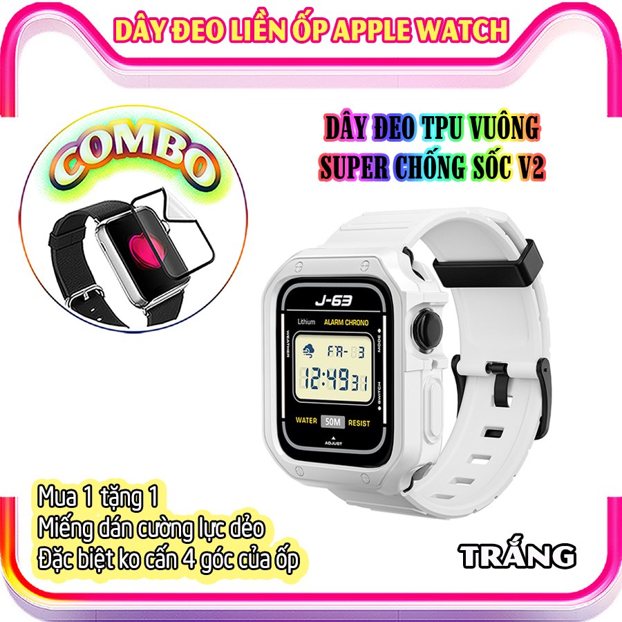 Dây Đeo khung ốp rời dành cho Apple Watch size 38/40/42/44mm TPU vuông SUPER chống sốc V2 - Trắng (tặng dán KCL theo size)