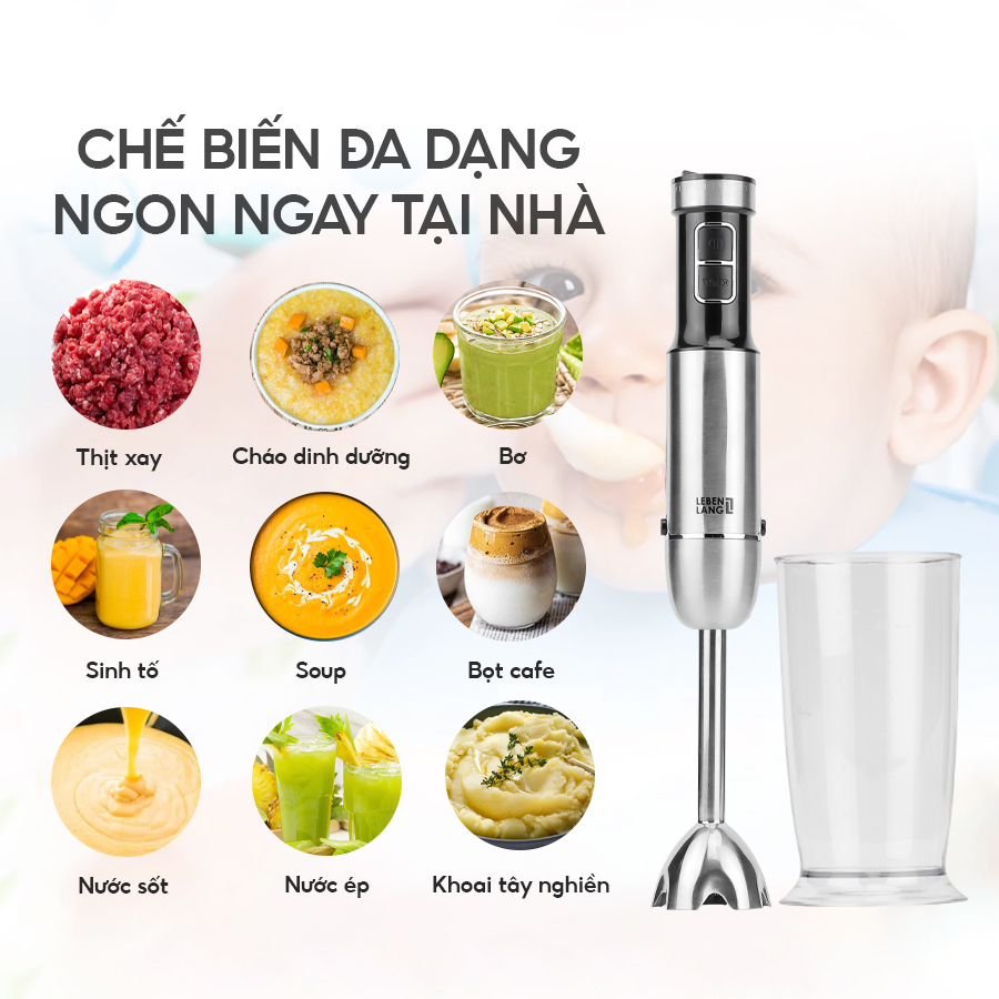 Máy xay sinh tố cầm tay đa năng Lebenlang LBL3638, công suất 1000W, lưỡi dao 2 cánh, bảo hành 2 năm – hàng chính hãng