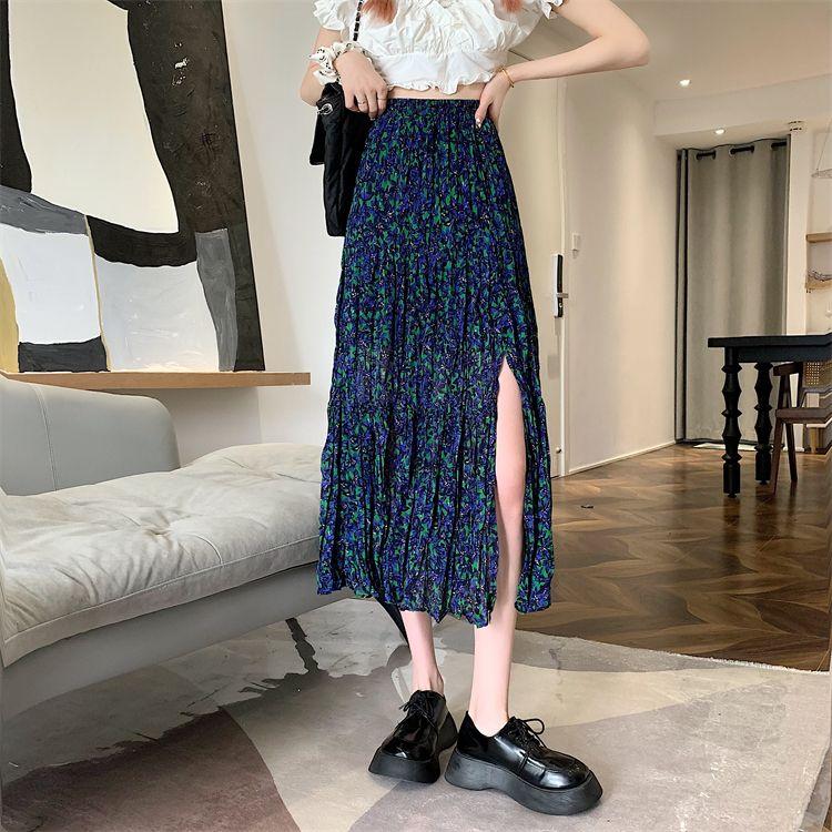 DONGSHOP Cao cấp hoa xẻ tà nửa người váy mùa xuân và mùa hè 2023 Vintage thả cảm thấy gầy váy xếp li một chữ dài váy