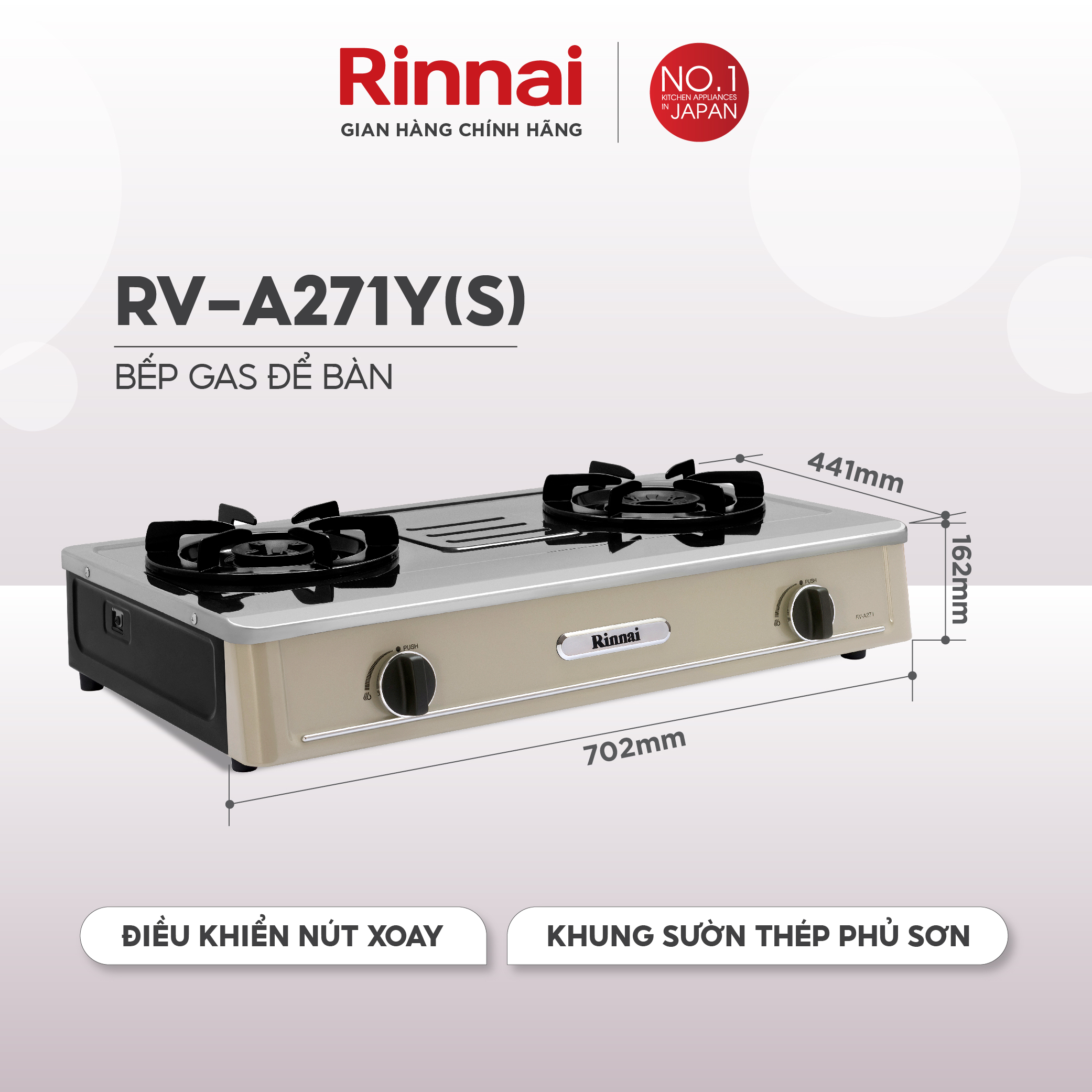 Bếp gas dương Rinnai RV-A271Y mặt bếp inox và kiềng bếp men - Hàng chính hãng.