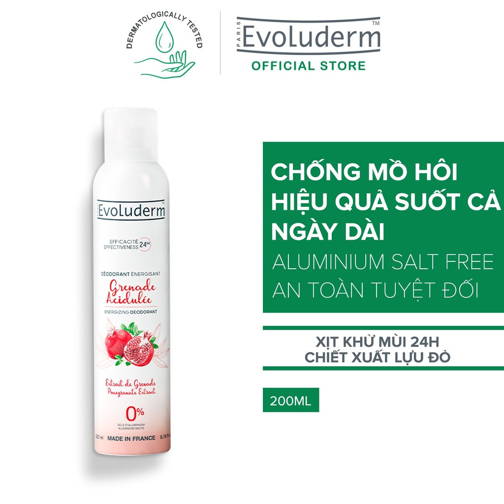 Xịt khử mùi toàn thân Evoluderm chiết xuất Lựu đỏ ngăn khuẩn gây mùi suốt 24h - 200ml (15256B)