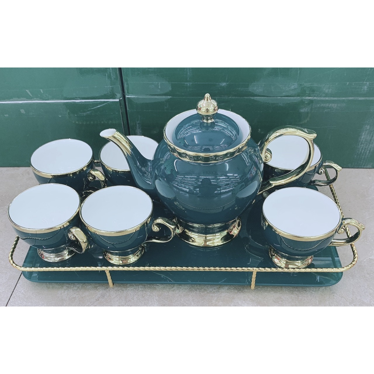 BỘ ẤM CHÉN  PHA TRÀ SỨ TEA SET KÈM KHAY MÀU XANH CỔ VỊT KHUNG KIM LOẠI MẠ VÀNG PHONG CÁCH ÂU SANG TRỌNG - ANTH434