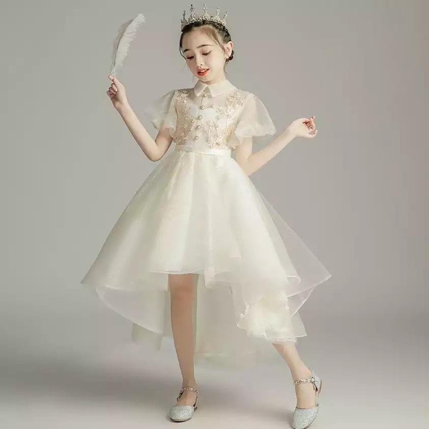 Váy đầm công chúa bé gái đuôi tôm tay bồng màu trắng kem DBG088