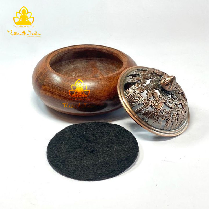 Lư Gỗ Xông Đốt Trầm Hương – Lư Gỗ Hương Xông Đốt Nhang Khoanh Trầm Hương, Nhang Nụ Trầm Hương - Lư Gỗ Hương Xông Đốt Trầm Hương Nắp Kim Loại Khắc Hoa Văn
