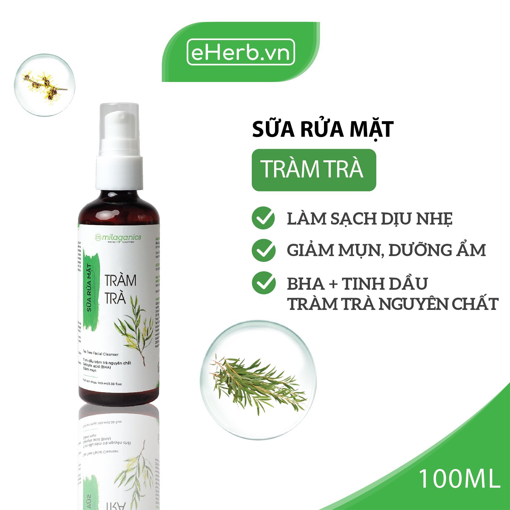 Sữa Rửa Mặt Ngừa Mụn Tinh Dầu Tràm Trà Dành Cho Da Mụn Nhạy Cảm MILAGANICS 100ml (Chai)