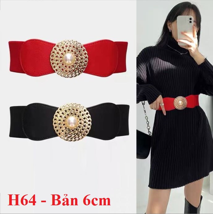 Đai váy Belt đầm Mặt tròn ngọc Bản to 6cm H64