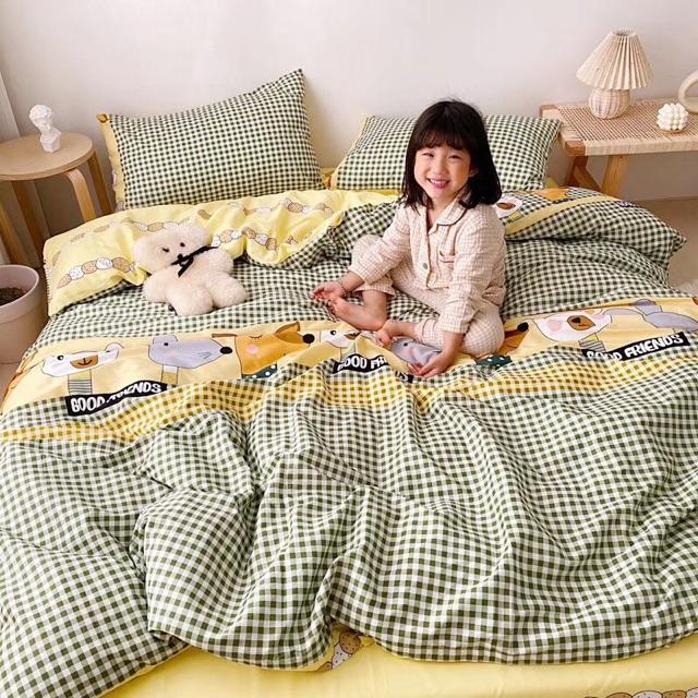 Set Cotton living Hàng Nhập Khẩu Cao Cấp 4 Món Muôn Thú Kẻ Vàng Xanh