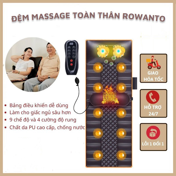 Đệm massage toàn thân Rowanto Nhật Bản kết hợp túi hơi chống nhức mỏi, hỗ trợ giảm đau cơ bắp nhanh chóng thư giãn, giảm stress, lưu thông máu