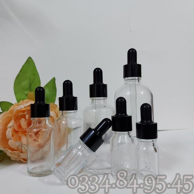 Chai thủy tinh thân TRONG nắp bóp ĐEN 5ml 10ml 20ml 30ml 50ml 100ML- Phễu, Lọ đựng serum