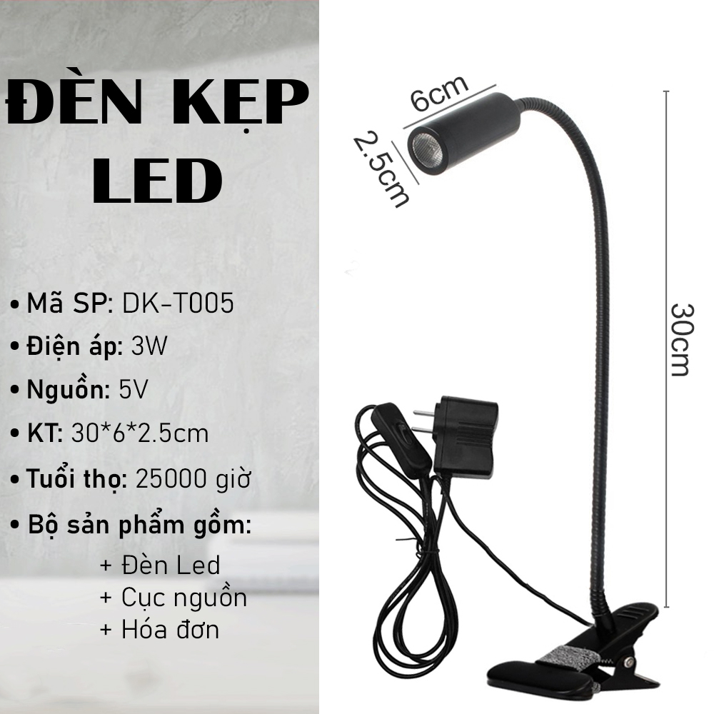 Đèn đọc sách kẹp bàn đầu giường Led 3W, Ánh sáng chiếu rọi, Nguồn USB 5V