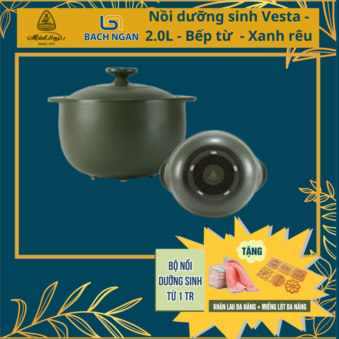Nồi Dưỡng Sinh Minh Long Bếp Từ Vesta 2.0L sứ đẹp cao cấp, an toàn sức khỏe, thực phẩm chín sâu và đều