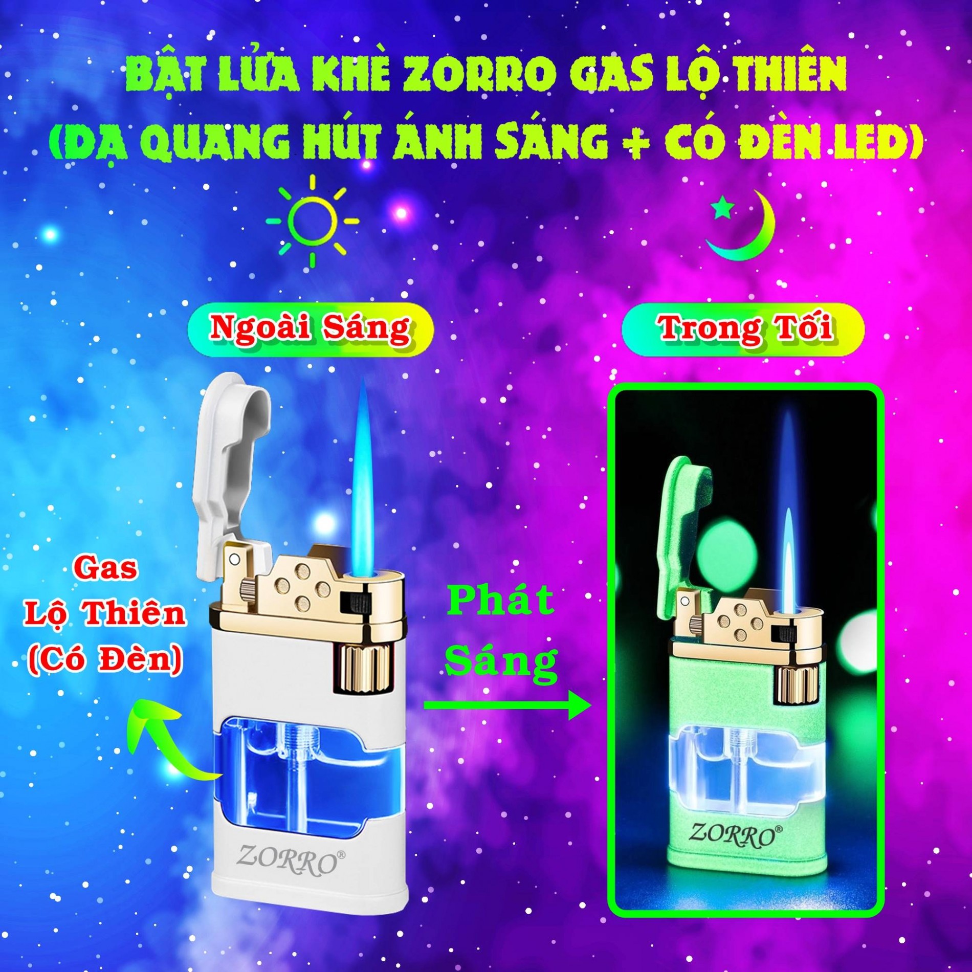 Hột quẹt bật lửa khè zorro gas lộ thiên - dạ quang hút ánh sáng (có đèn led) - (xài gas