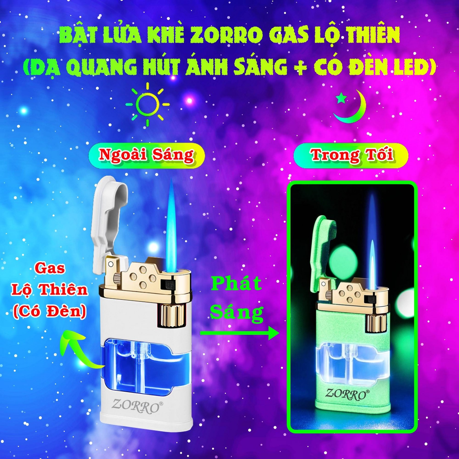 Hột quẹt bật lửa khè gas lộ thiên dạ quang hút ánh sáng -