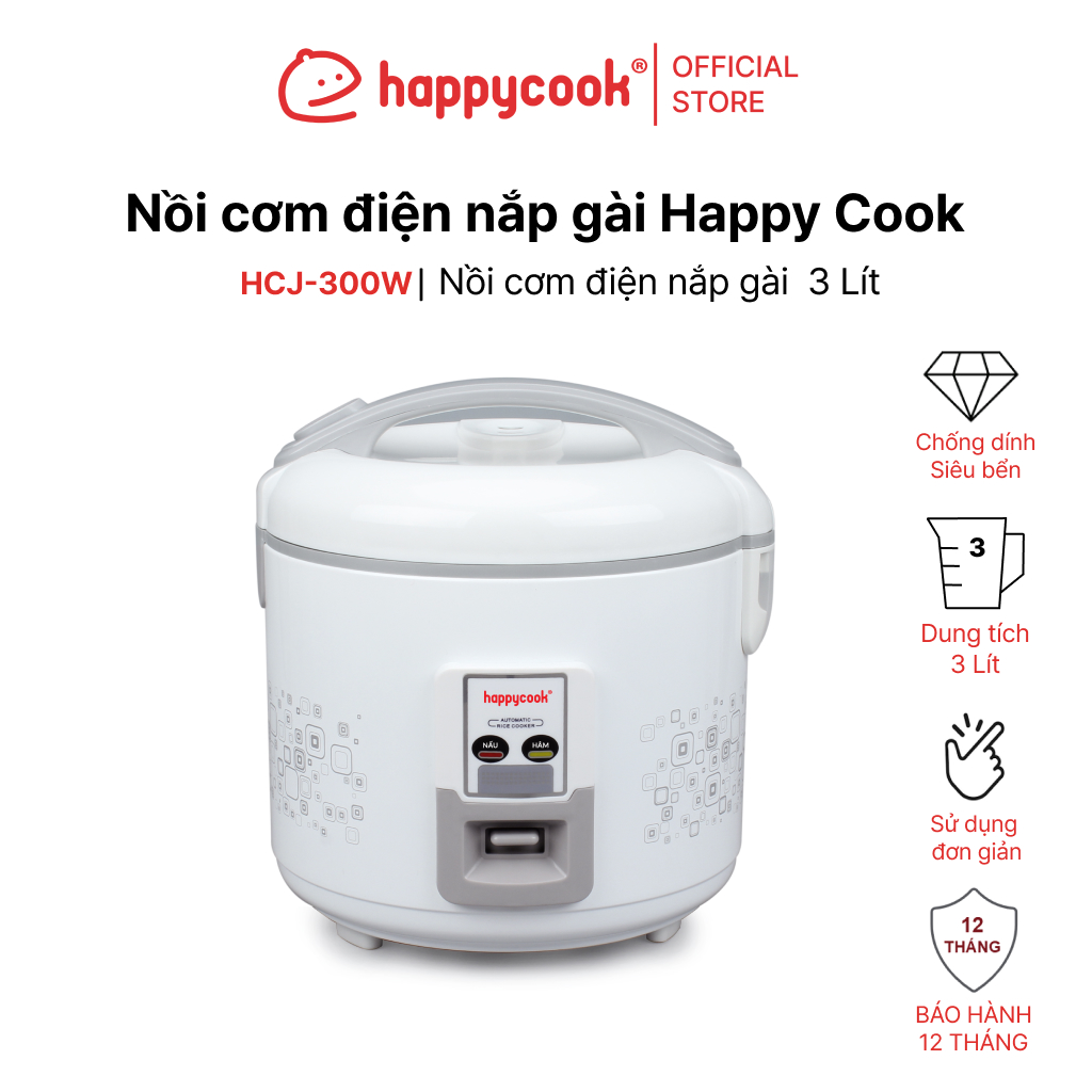 Nồi cơm điện nắp gài Happy Cook 3L HCJ-300W - Hàng Chính Hãng