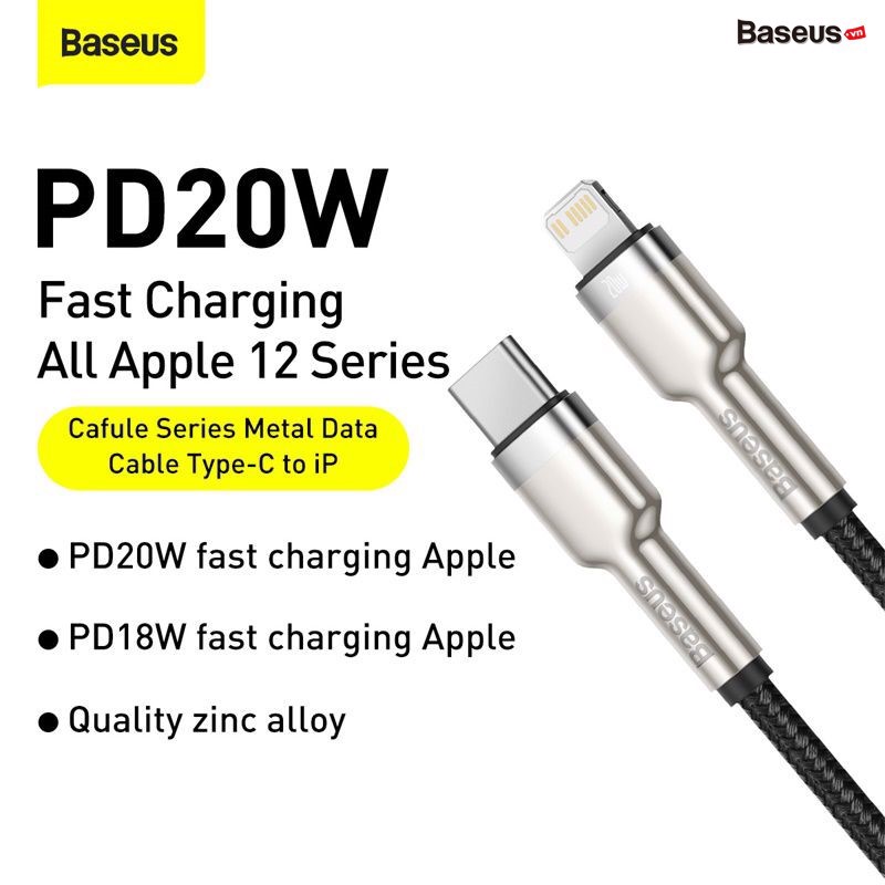 Cáp sạc nhanh C to Lightning 20W cho iPhone 12 Series Baseus Cafule Metal Series (20W, Type C to Lightning Fast charge &amp; Data Cable) - Hàng chính hãng