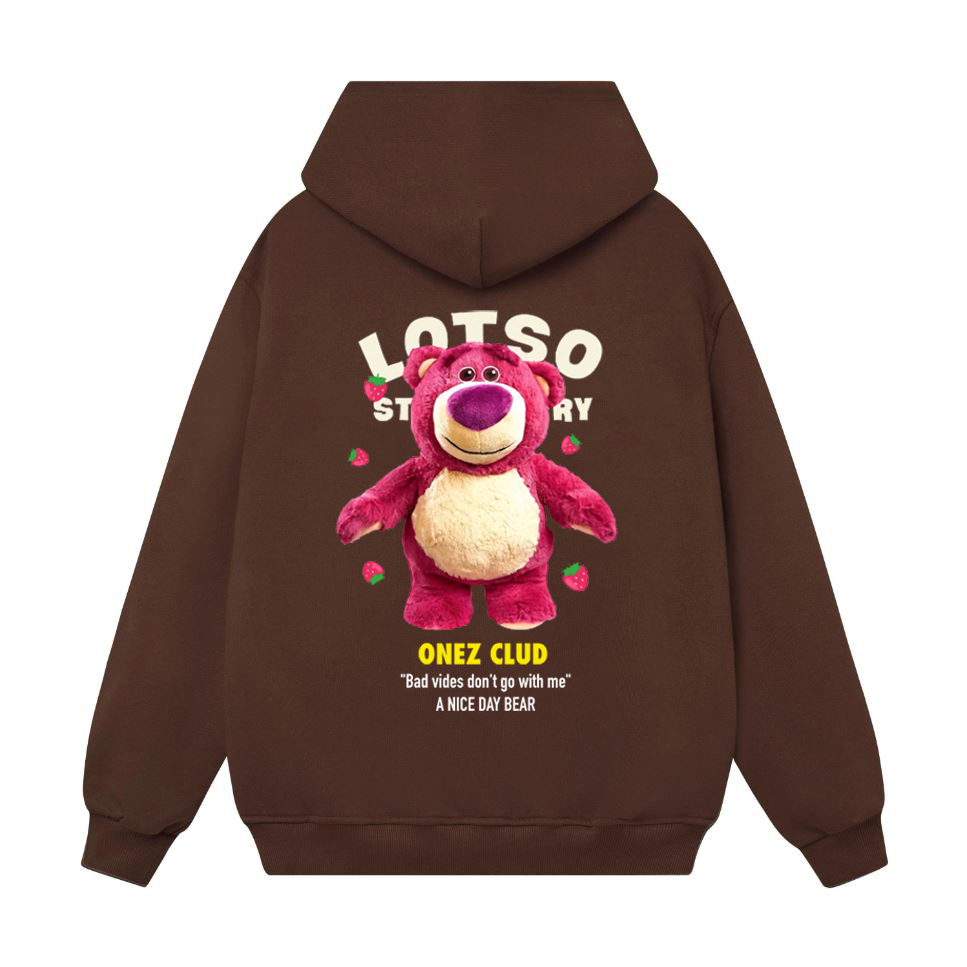 Áo hoodie gấu dâu Lotso local brand form rộng OneZ màu hồng nỉ bông hàn quốc đẹp ,mềm mịn có mũ 2 lớp dày