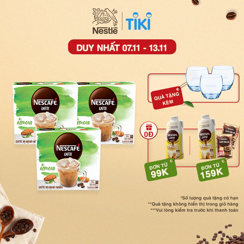 [Tặng bộ 3 ly thủy tinh] Combo 3 hộp cà phê hòa tan Nescafé Latte sữa hạt vị hạnh nhân (Hộp 10 gói x 24g)