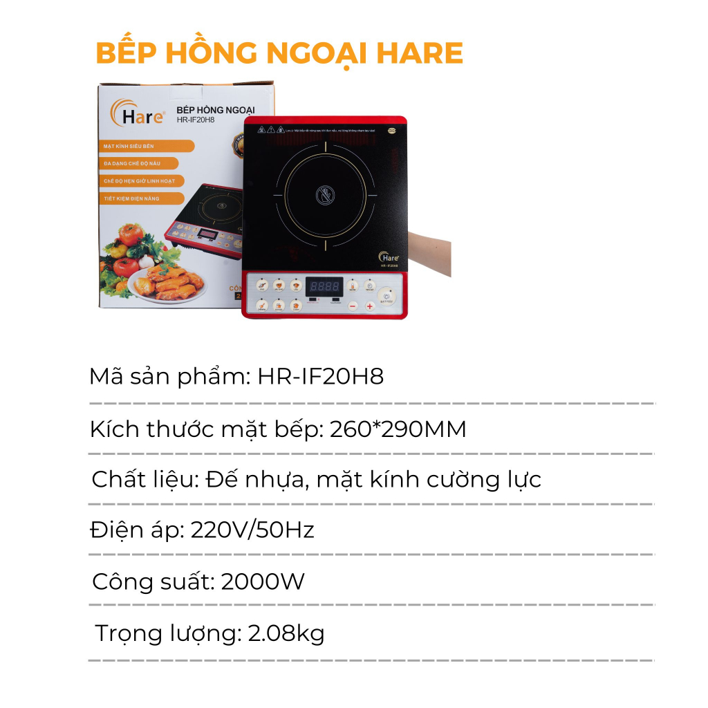 Bếp hồng ngoại công suất 2000W mã HR-IF20H8 -hàng chính hãng thương hiệu Hare - bảo hành 12 tháng