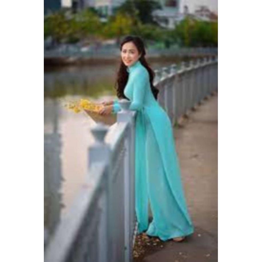 Áo dài truyền thống màu xanh ngọc lụa trơn dịu mát_Minchu
