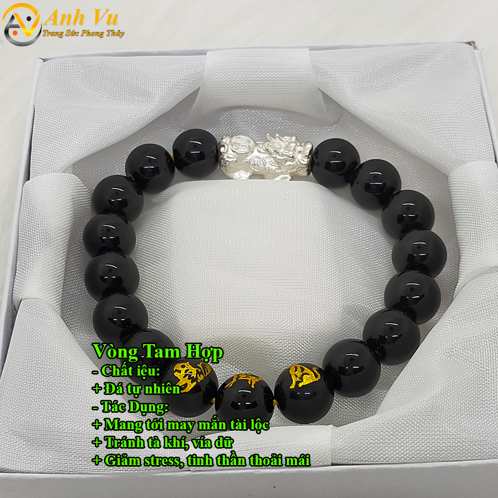 Vòng tay tỳ hưu tam hợp dần ngọ tuất chất liệu mã não đen - size 8 10 12ly cho người mệnh mộc, mệnh thủy - có khai quang điểm nhãn may mắn tài lộc - bảo hành 12 tháng - PHONG THỦY ANH VŨ