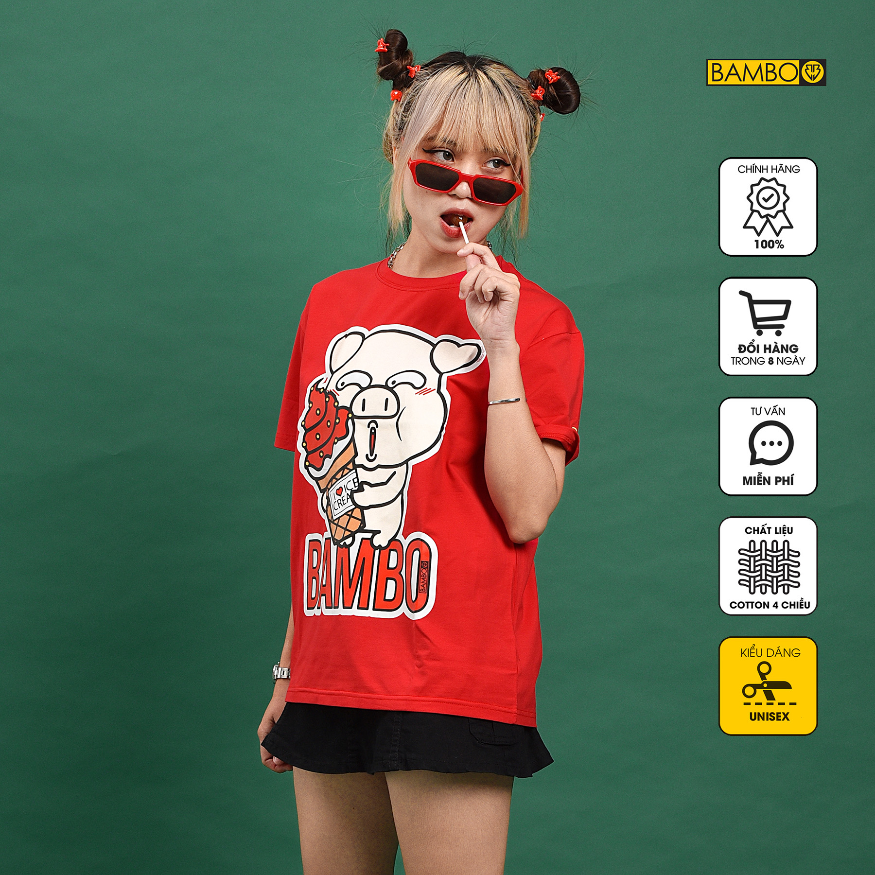 Áo thun unisex BAMBO màu Đỏ in hình Ice Cream Leo Pig