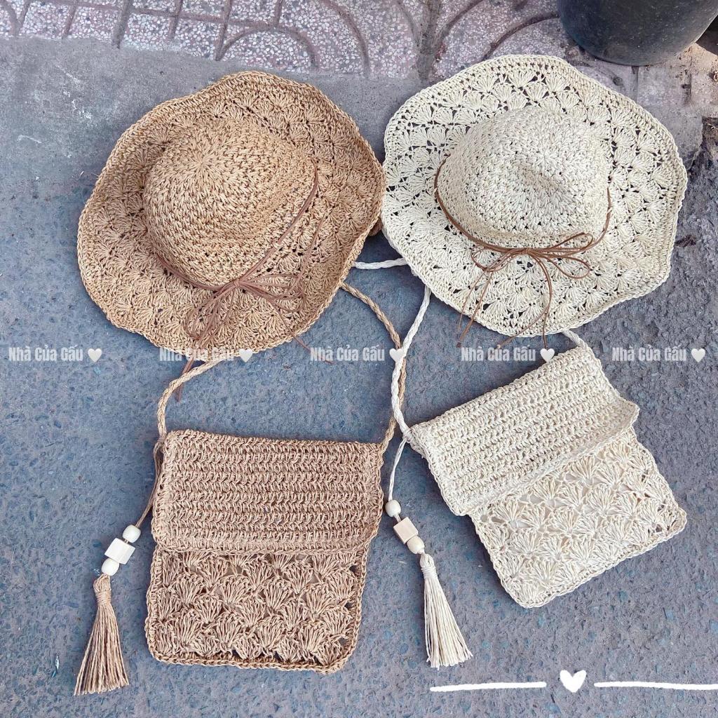 Set túi cói, nón cói hộp thư đeo chéo đeo vai đều đẹp