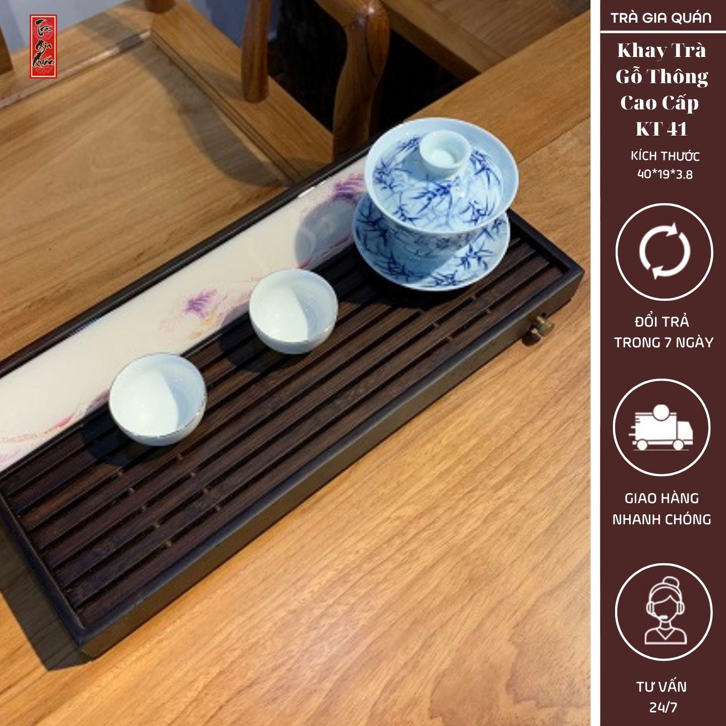 KT 41 Khay Trà Tre Cao Cấp Sơn Thuỷ Chữ Nhật Lớn Kích Thước 40*19*3.8