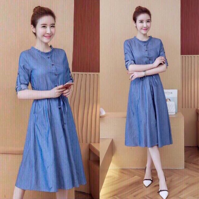 Đầm jean denim cotton xoè rút eo S.ML