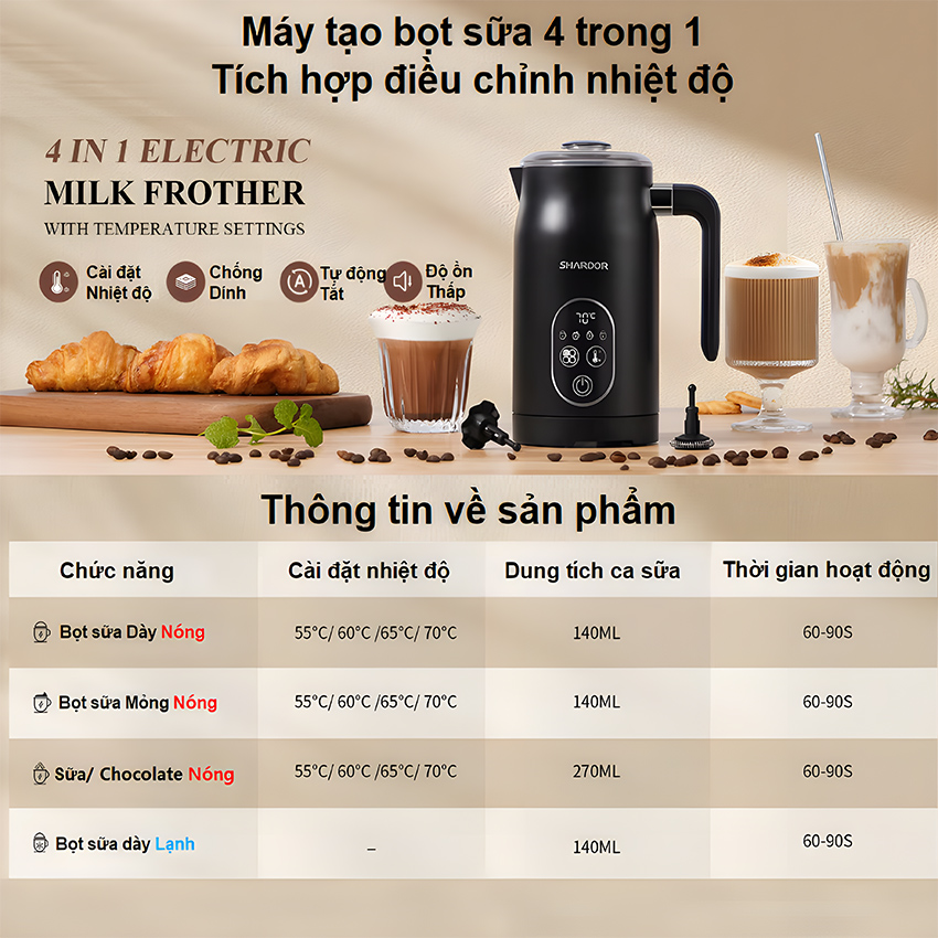 Máy tạo bọt sữa đa năng 4 trong 1 Thương hiệu ANH QUỐC CAO CẤP Shardor - HÀNG CHÍNH HÃNG  - MF0802