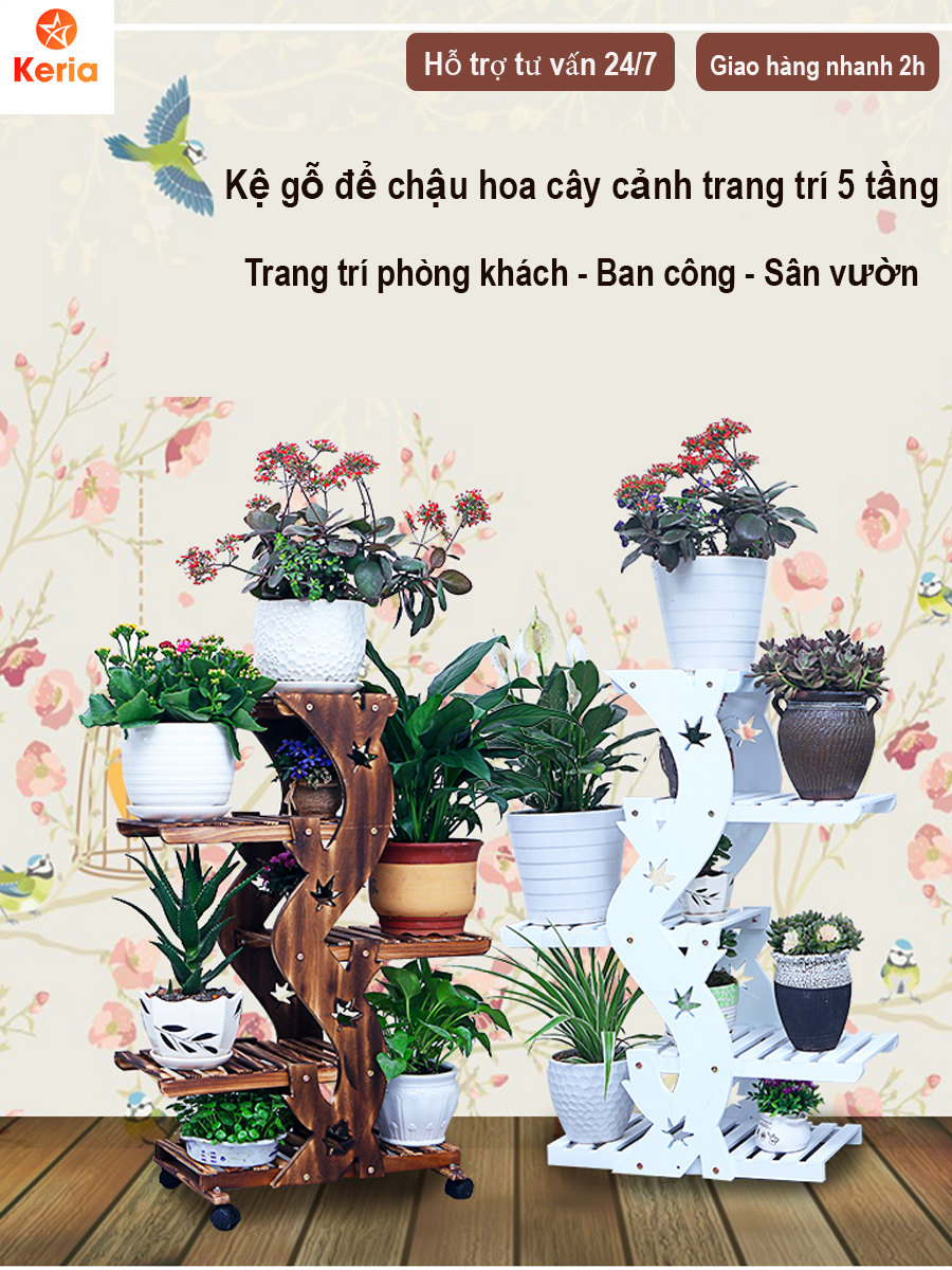 Kệ giá để trưng bày cây cảnh trang trí phòng khách 5 tầng có bánh xe Kệ để chậu cây trong phòng, ban công và ngoài trời Kệ Gỗ Keria KG08