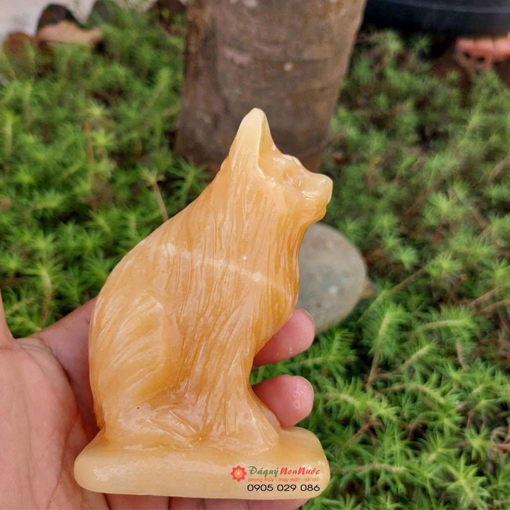 Tượng mèo đá tuổi Mão 12 con giáp phong thủy đá ngọc hoàng long 10cm đá Non Nước