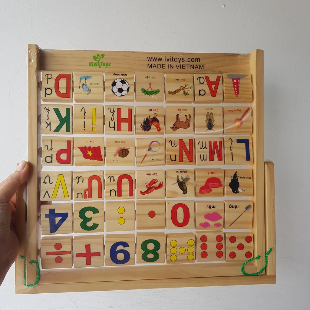 Đồ chơi gỗ kết hợp bảng chữ cái tiếng việt và số xoay