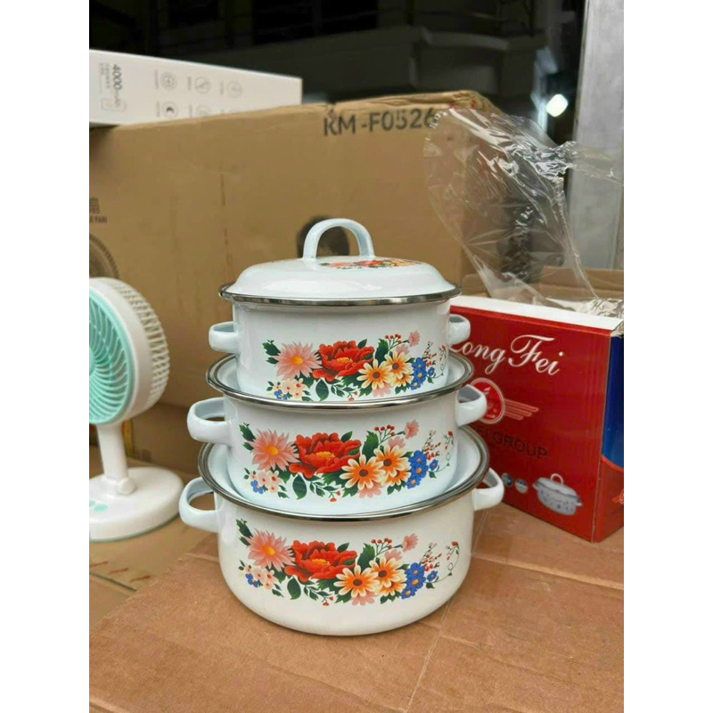 BỘ 3 NỒI HOA TRÁNG MEN SỨ SIÊU ĐẸP
