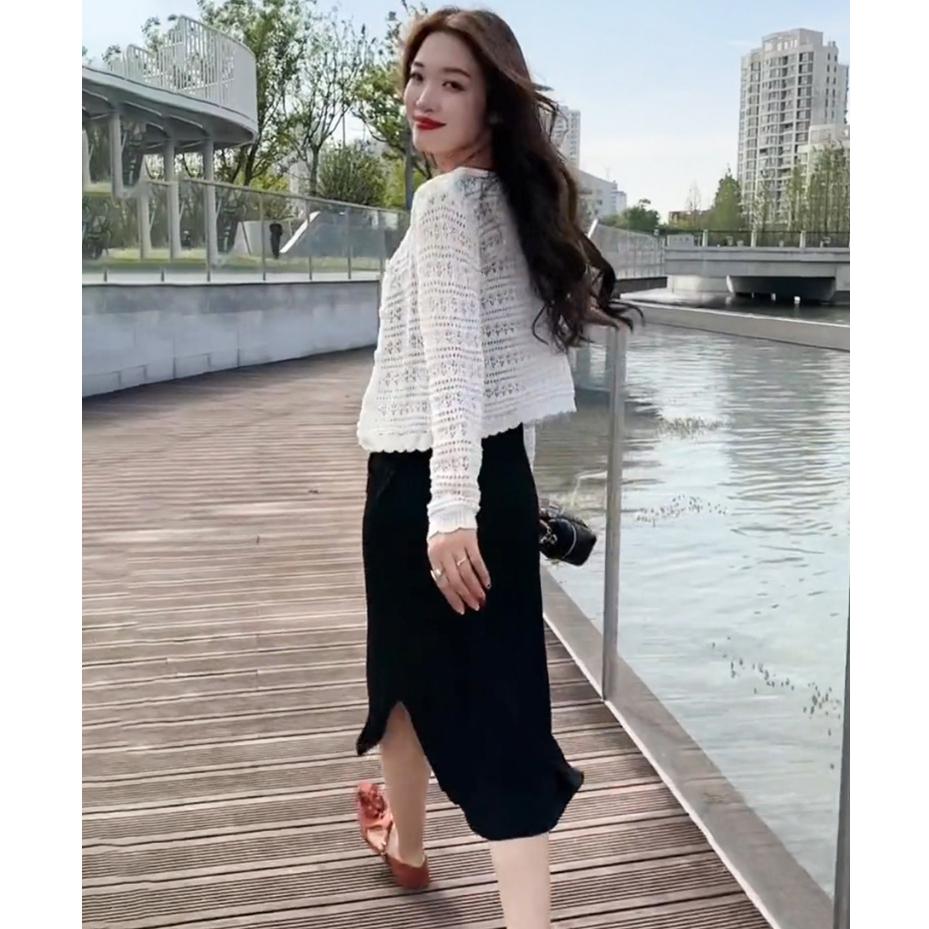 Áo khoác len LƯỚI HOA CHẤM tay dài mỏng nhẹ mặc 2 kiểu dễ phối đồ
