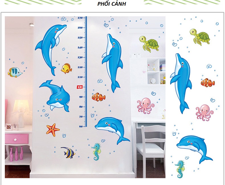 Decal dán tường thước đo Cá heo nhảy múa AmyShop (160 x 110cm)