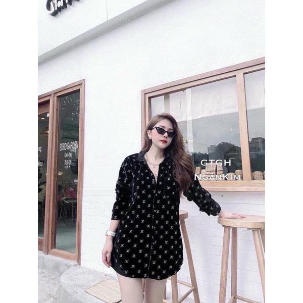 Áo Sơ Mi Nữ Tay Dài Vải Nhung Cao cấp Chữ kim tuyến form rộng giấu quần size đến 75kg