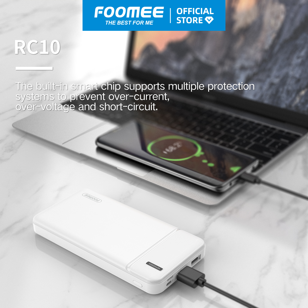 Pin Sạc Dự Phòng 10000mAh FOOMEE RC10 - Màu Đen/Trắng - Sạc 2 Thiết Bị Cùng Lúc - Hàng chính hãng