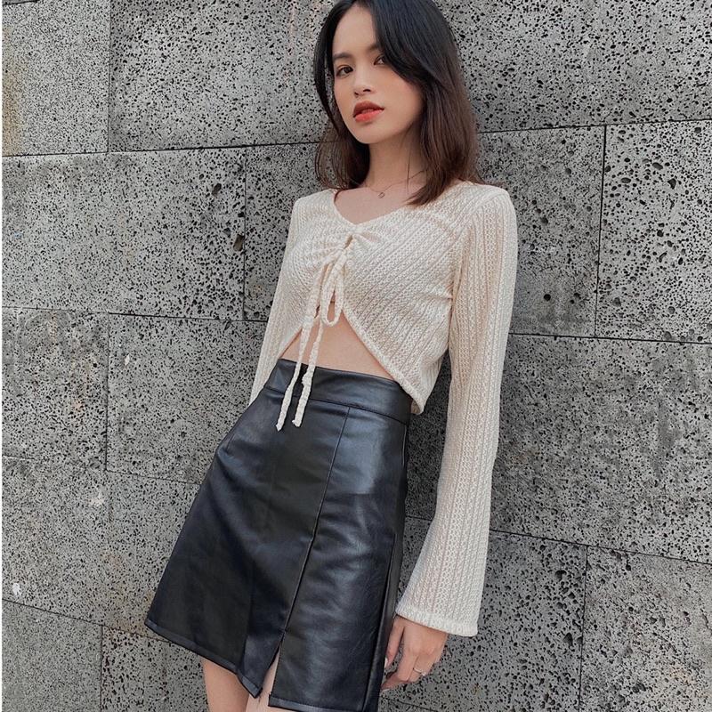 Áo len croptop nữ kiểu dài tay rút dây REVERCLOTHINGS thời trang Crochet Top