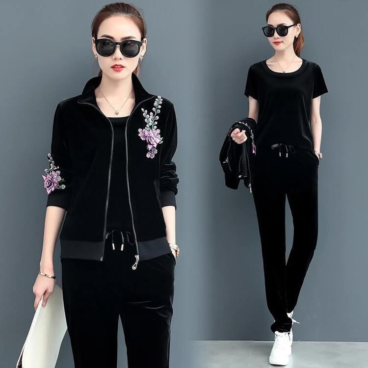 Set Đồ Bộ Thu Đông Thêu Hoa - Chất liệu : Nhung cao cấp - Màu sắc : Đen, Đỏ đô - Kích cỡ : M, L, XL, XXL