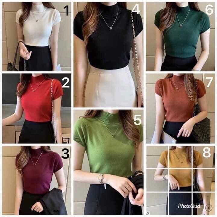 Áo len cộc tay cổ cao nhiều màu Áo len phong cách Hàn Quốc
