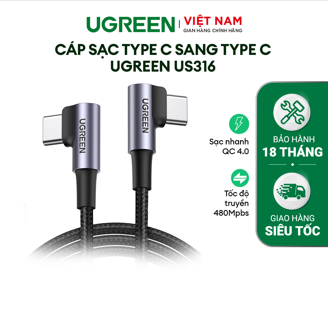 Hình ảnh Cáp sạc nhanh và truyền dữ liệu USB Type-C hỗ trợ PD3.0/ QC 4.0/ FCP tối đa100W UGREEN US335 - Hàng chính hãng