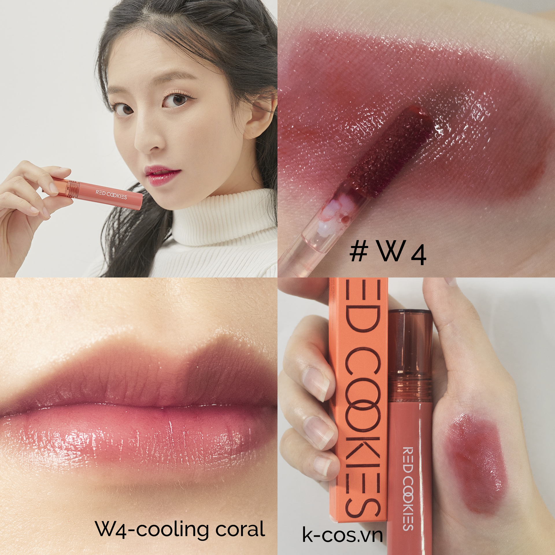 Son Bóng Red Cookies Glow Water Wrap Tint Hàn Quốc Màu W4 - Đỏ San Hô