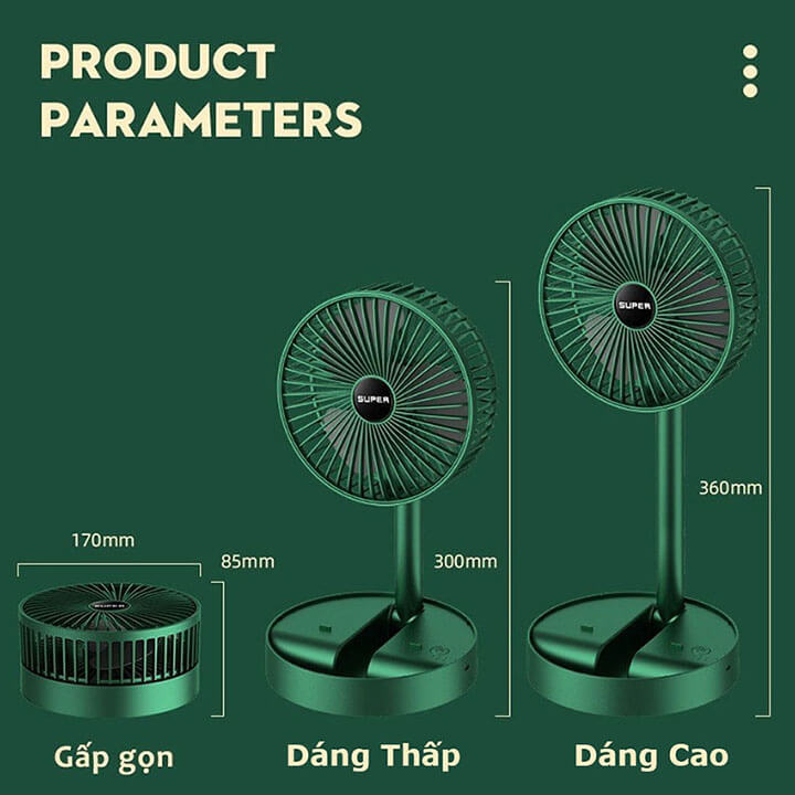 Quạt tích điện mini để bàn gấp gọn Super Fan có thể điều chỉnh độ cao, 3 tốc độ gió, sạc micro USB có giá đỡ điện thoại