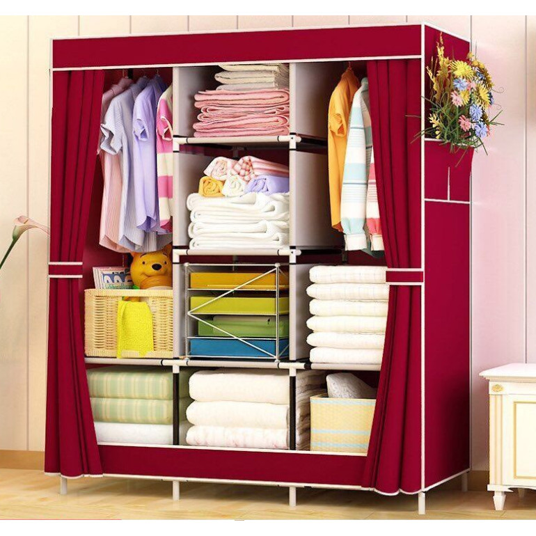 Tủ Vải Áo Quần Đa Năng- Tiết Kiệm Diện Tích- Khung Sắt Chắc Chắn Vải Chống Thấm- Hàng Chính Hãng MINIIN – Đỏ đô – 3 buồng